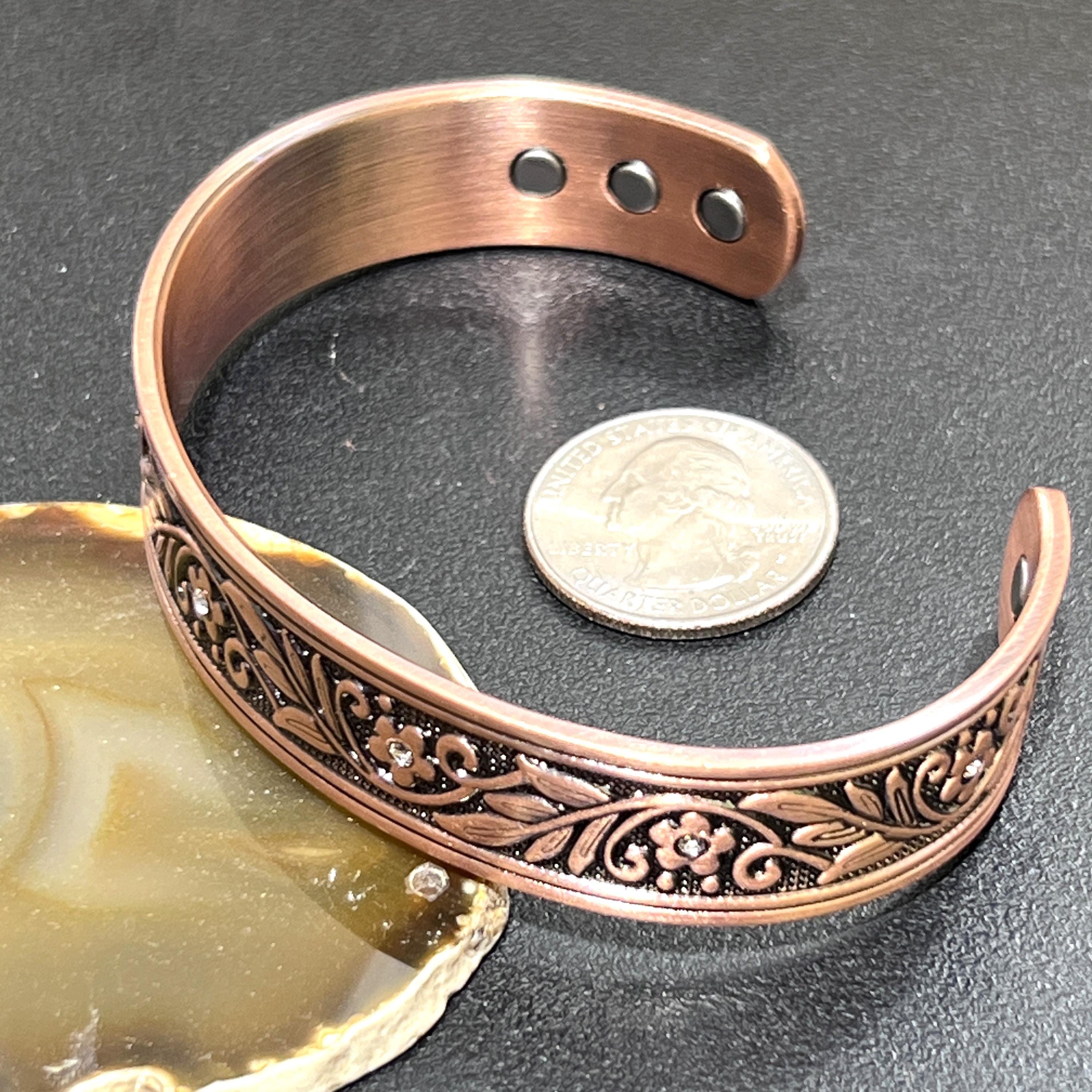Pure Copper Cuff Bracelet Flower and Leaf Design With Rhinestones And Magnets